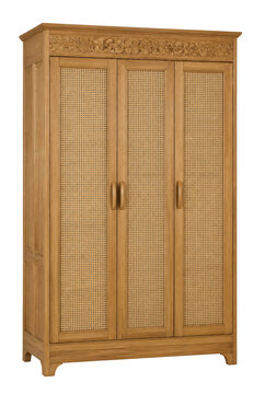 Natural Wood Wardrobe with Cane Insets and Carved Detail