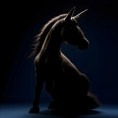 Fototapeta premium Unicorn silhouette with glowing mane and horn, fantasy and magic concept, mythical creature on dark background
