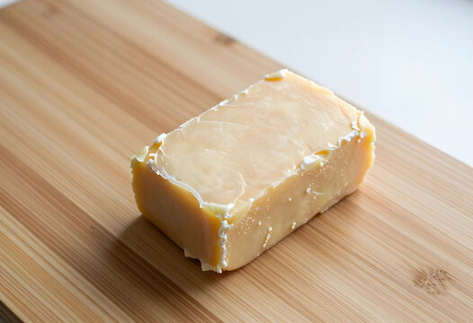 Block of yellow cheese with a white rind on a wooden cutting board, dairy product for cooking and snacking, this dairy product is a versatile ingredient for cooking and a delicious snack