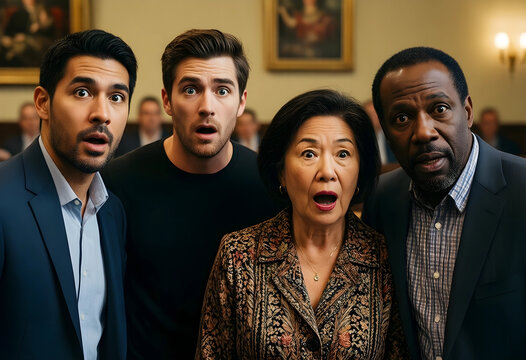 Diverse group of four adults with wide eyes and open mouths expressing shock and surprise in an indoor setting, Their astonished facial reactions suggest an unexpected event or revelation
