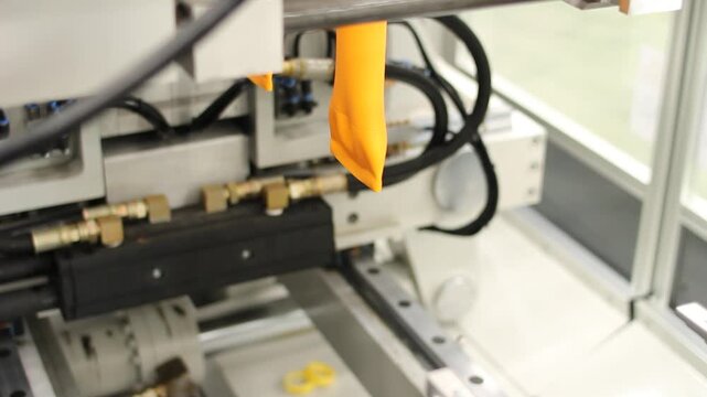 Industrial blow molding equipment extruding yellow plastic parisons