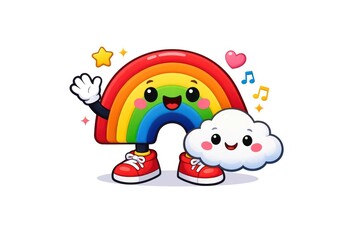 Fototapeta premium Cute rainbow and cloud cartoon with cheerful expressions.