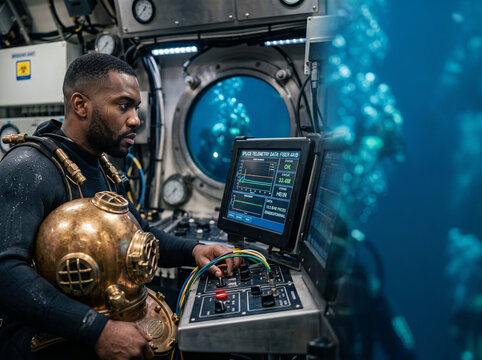 Deep sea diver in control room monitoring splice telemetry data and fiber optics