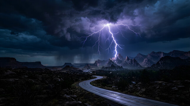 Dramatic Lightning Strike Over a Winding Desert Road Amidst a Dark Stormy Night Landscape