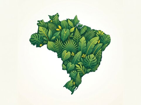 Brazil map filled with green tropical leaves