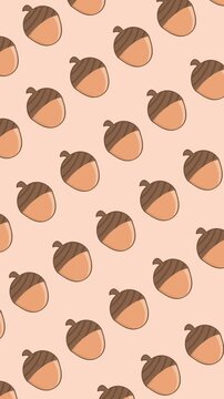 Seamless autumn pattern of cute acorns on an abstract vertical light peach background animation with cute oak acorn nut wallpaper for autumn and Thanksgiving backdrop design.