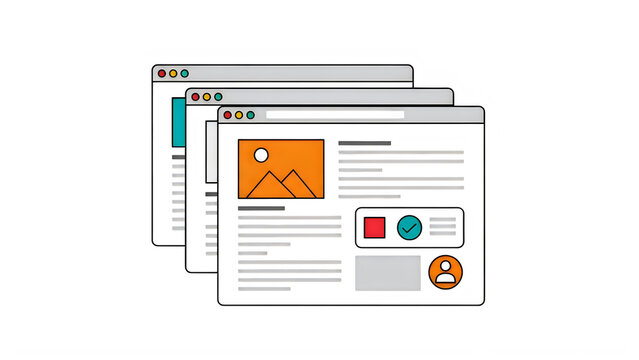 Pixel art style web browser windows stacked on white background