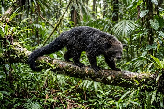 Binturong Arctictis binturong Foraging in Tropical Rainforest
