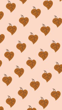Seamless autumn pattern of brown leaves with curly stems on an abstract vertical soft peach background with fall leaf wallpaper for autumn and Thanksgiving backdrop design.