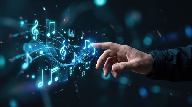 Hand touching virtual music notes and sound waves, digital audio interface concept for streaming, composition, entertainment and multimedia technology in dark abstract background