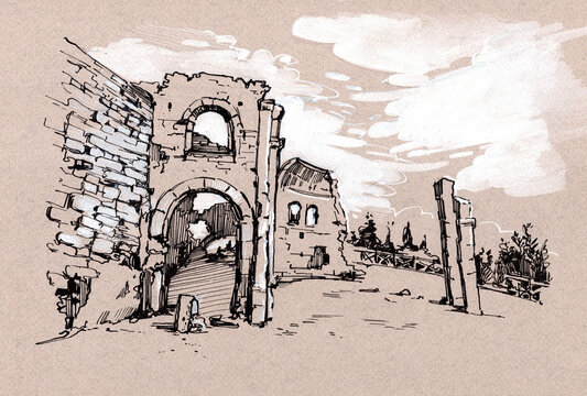 Hand-drawn ink illustration of ancient ruins in Turkey, featuring a historic stone fortress, arched gateways, weathered walls, and Mediterranean architecture under a cloudy sky