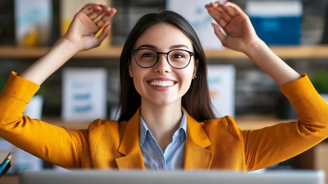 Smiling young professional celebrating victory or success in office environment.