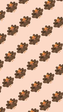 Seamless Thanksgiving pattern on a cute cartoon turkey wearing pilgrim hats on an abstract vertical background animation for autumn harvest and holiday design.