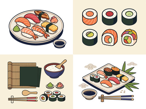 Traditional japan sushi vector set featuring nigiri maki rolls gunkan bamboo mat nori soy sauce and chopsticks isolated on background