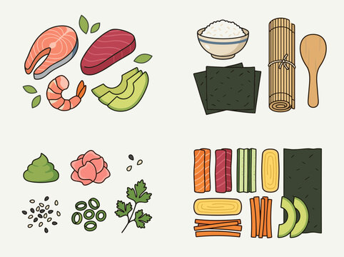 Fresh japan sushi making ingredients vector set featuring raw salmon tuna shrimp avocado nori seaweed rice bamboo mat wasabi and ginger isolated on white background