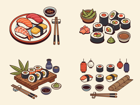 Traditional japan sushi dining vector set featuring nigiri maki rolls edamame sake bottle paper lanterns and chopsticks isolated on background