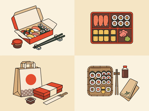 Traditional japan sushi takeout vector set featuring bento box takeaway package paper bag nigiri maki rolls chopsticks and soy sauce isolated on background