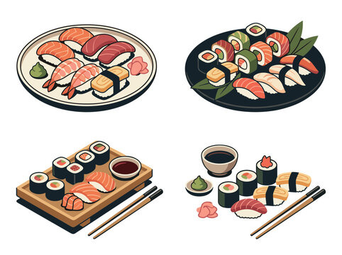 Traditional japan sushi platter vector set featuring nigiri maki rolls sashimi wooden board soy sauce wasabi and chopsticks isolated on white background