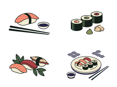 Simple traditional japan sushi vector set featuring salmon nigiri maki rolls soy sauce wasabi and chopsticks isolated on white background