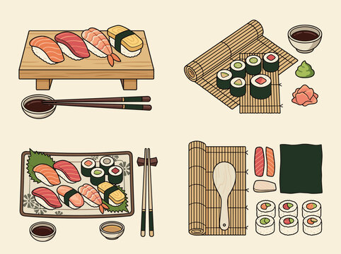 Traditional japan sushi making set featuring nigiri maki rolls wooden board bamboo mat soy sauce and ingredients isolated on background