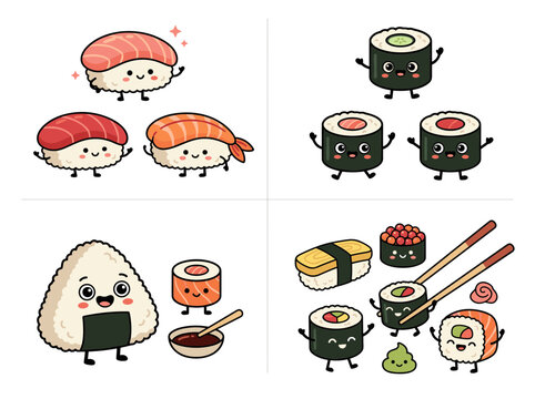 Cute japan sushi character vector set featuring funny nigiri maki rolls onigiri mascot and wasabi isolated on white background