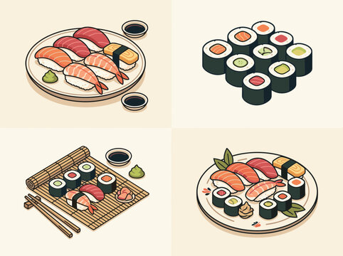 Traditional japan sushi vector set featuring nigiri maki rolls salmon tuna shrimp soy sauce and wasabi isolated on background