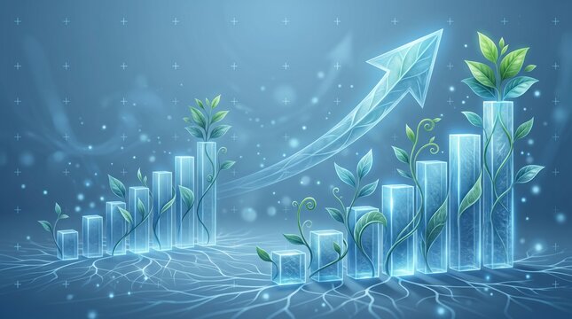 Growing bar chart with plants and upward arrow symbolizing sustainable growth, eco-friendly business success through green investment, financial progress combined