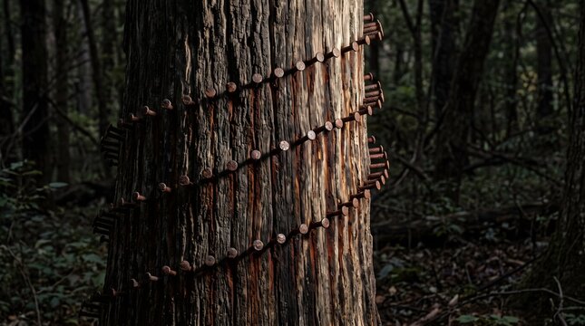 Metaphorical image of an old weathered tree trunk in a dark forest with rows of rusty nails driven into the bark in a spiral pattern, representing environmental struggle and human impact.