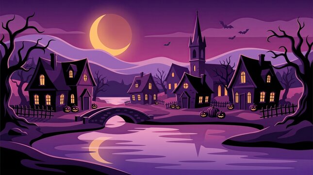 Pixel art landscape of a spooky village by a river under a glowing crescent moon at night