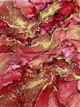 Abstract Swirls of Crimson and Gold Fluid Art.