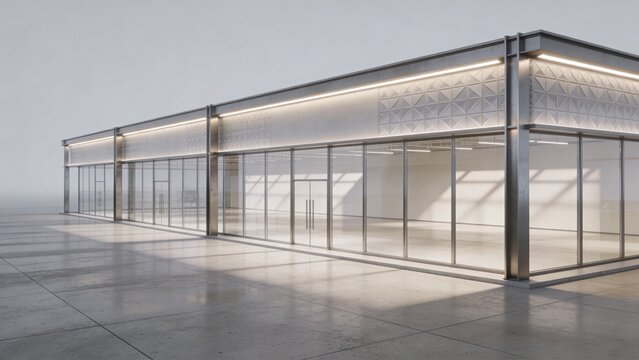 Modern commercial building featuring expansive glass storefront facade exposed steel framework geometric decorative panels bright architectural lighting polished concrete plaza spacious empty interior