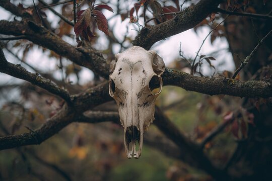 animal skull hanging from tree branch