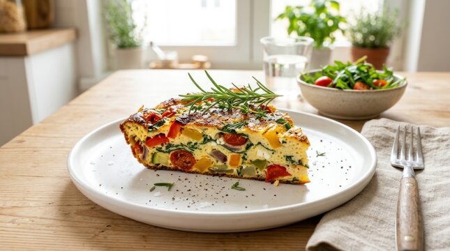 Delicious Slice of Vegetable Frittata with Fresh Herbs on a Plate.