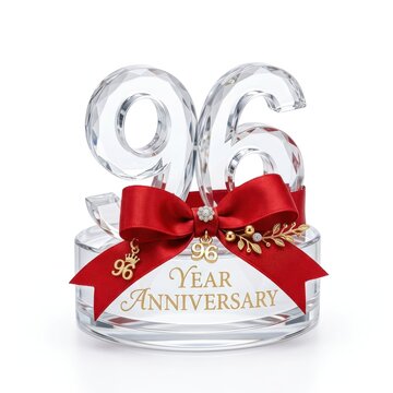 Elegant Crystal 96 Year Anniversary Decoration with Red Ribbon and Gold Accents.