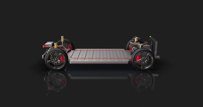 Futuristic EV driving to dashboard start button battery and internal components. Detailed 3D render of EV engine parts.