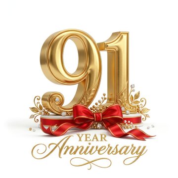 Golden 91 Year Anniversary Celebration with Red Ribbon and Sparkles.