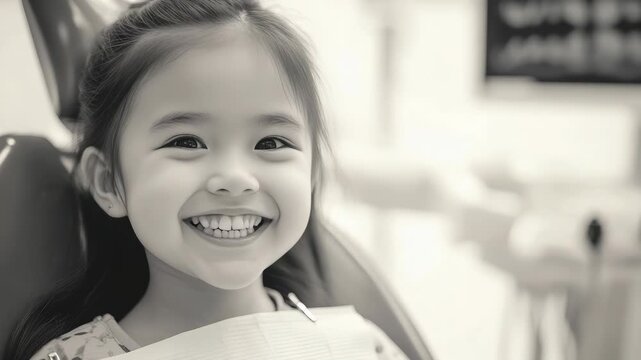 The shows a happy young girl sitting in a dentist chair with her mouth open and wearing a dental bib. Her smile is bright and joyful. The background includes the interior of a dental office.