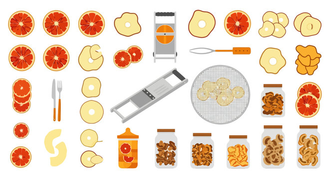 A vibrant illustration showcasing the process of dehydrating citrus fruits and other produce, featuring sliced fruits, a mandoline slicer, and jars of dried snacks.