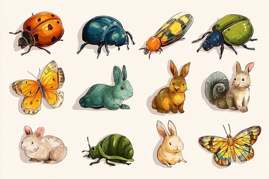 cute cartoon insect and small animal clipart