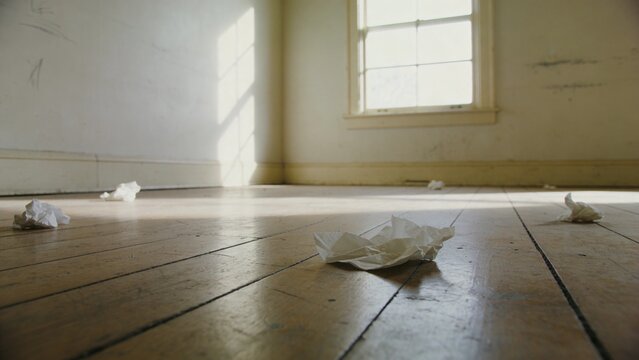 Abandoned empty room with aged wooden floor scattered crumpled paper sunlight streaming through tall window casting geometric shadows across worn walls Quiet neglected interior evokes isolation decay 