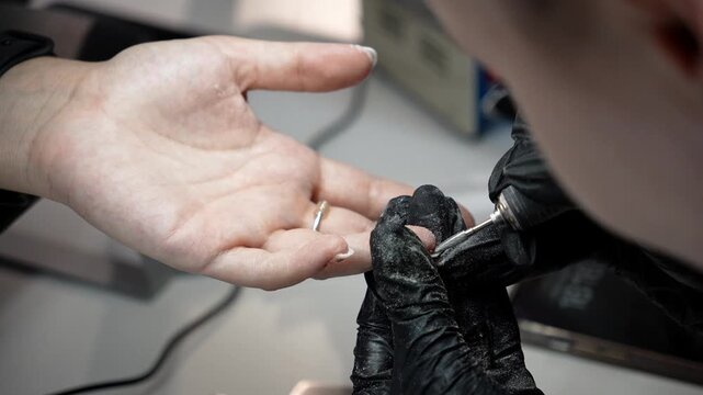 Nail technician removes excess material from the underside of a shaped nail using an electric drill. Professional finishing and precise nail shaping concept