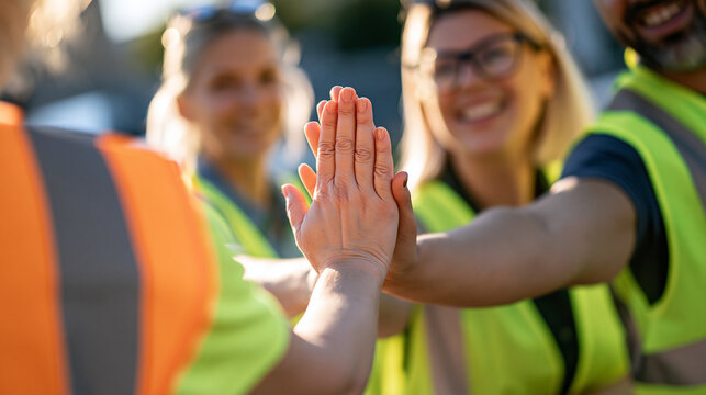 rear view of diverse community workers uniting for a high five during a bright outdoor cleanup project, backs to camera, teamwork and strategy planning concept, environmental