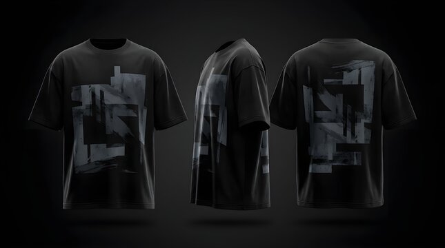 Black Oversized Streetwear T-Shirt with Abstract Grunge Graphic Design, Front Side and Back Views