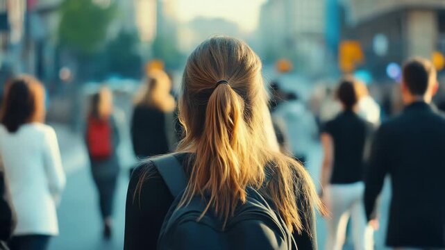 A young adult wearing a backpack walks down a busy city street. The person appears to be focused on their destination.