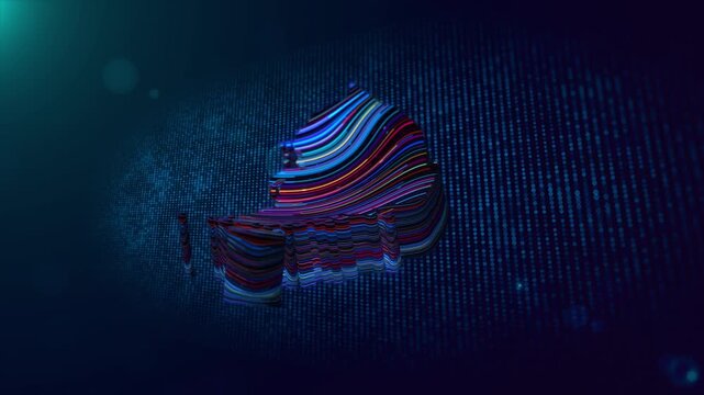 Futuristic animated South Korea map emerges through colorful flowing lines and dimensional extrusion against a blue digital grid, with glowing particles and cinematic atmospheric depth.