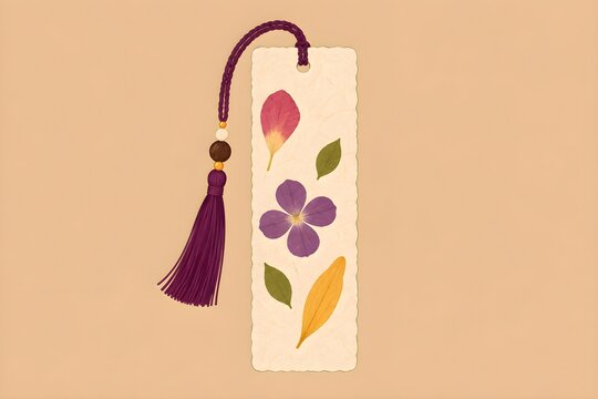 Flat lay vector illustration of handmade mulberry paper bookmark with pressed flowers