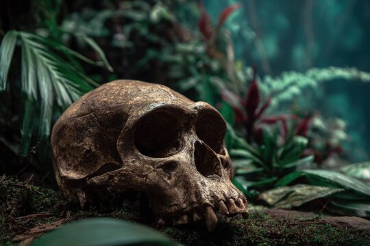monkey skull displayed with jungle background