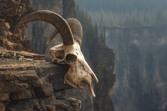 mountain goat skull perched on cliff edge