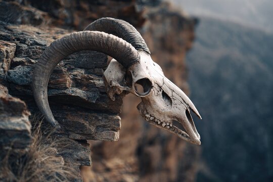 mountain goat skull perched on cliff edge