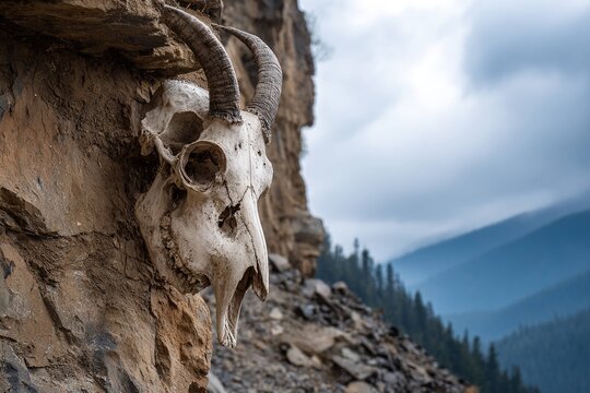 mountain goat skull perched on cliff edge
